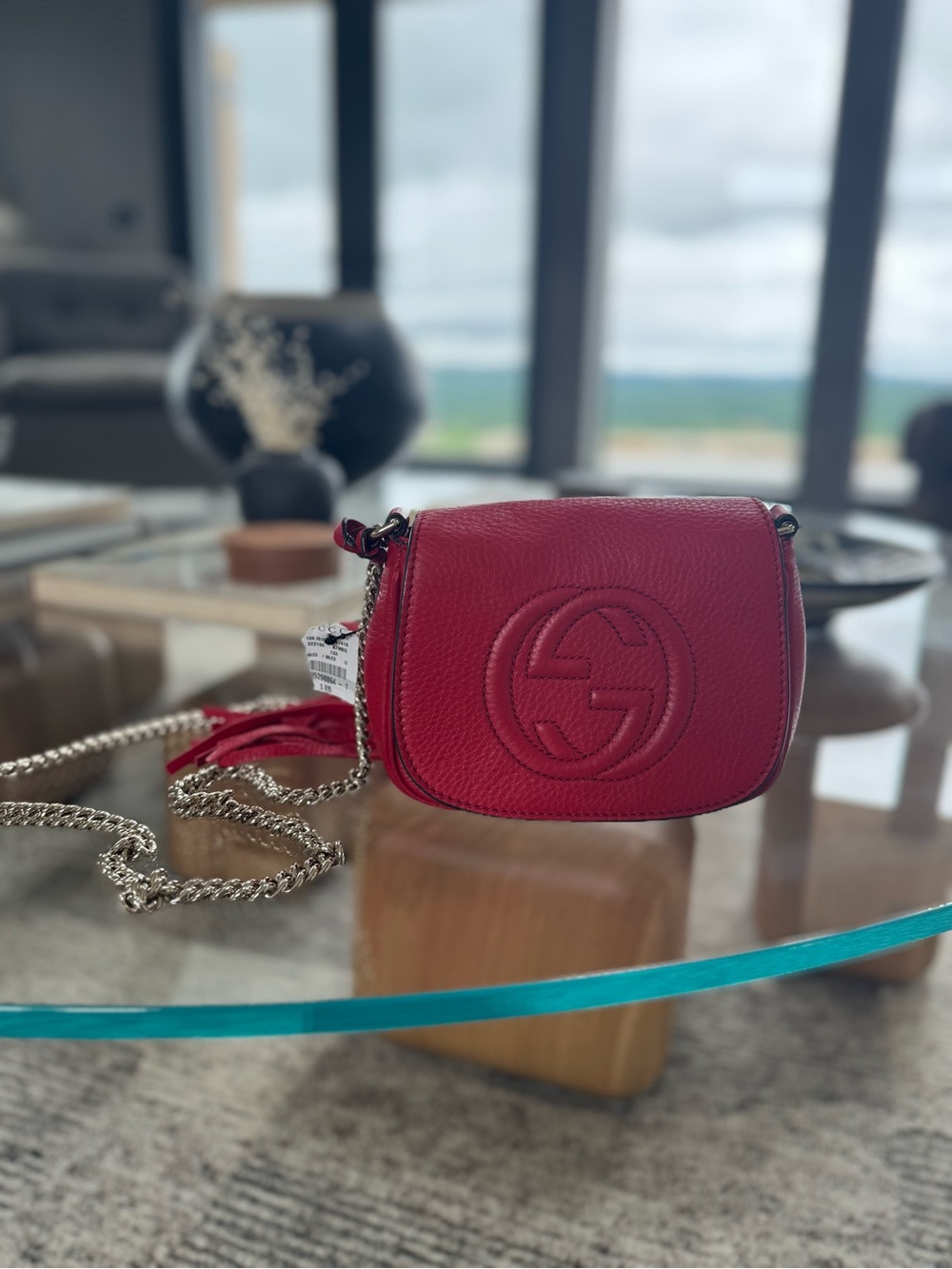Gucci Pebbled Leather Red Crossbody with Tassel and Silver Chain